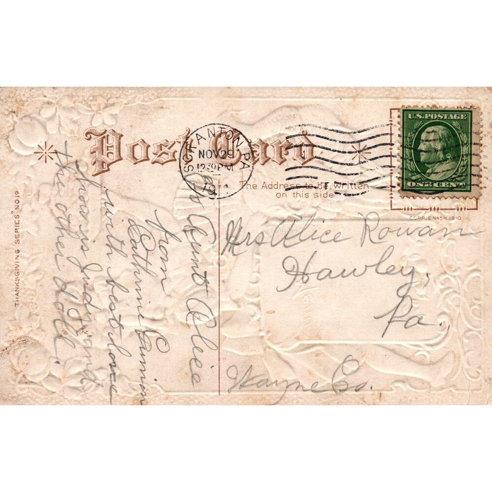 Thanksgiving Menu Girl Turkey Gold Trim Embossed Postcard 1911 - Picture 2 of 2